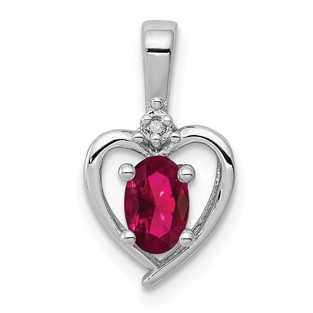 Sterling Silver Created Ruby July Birthstone & Diamond Necklace Charm Pendant